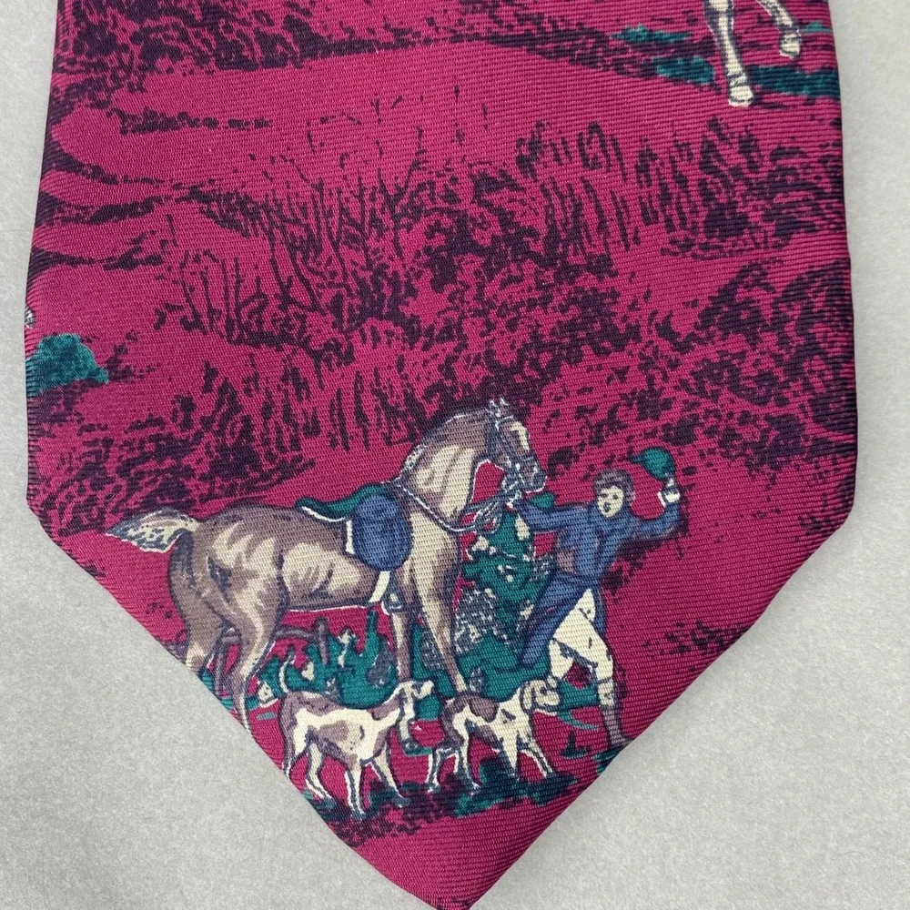 VTG Moore's Equestrian Horse Fox Hunt Silk Tie Burgundy Navy Hunting‎ Dog 57x4